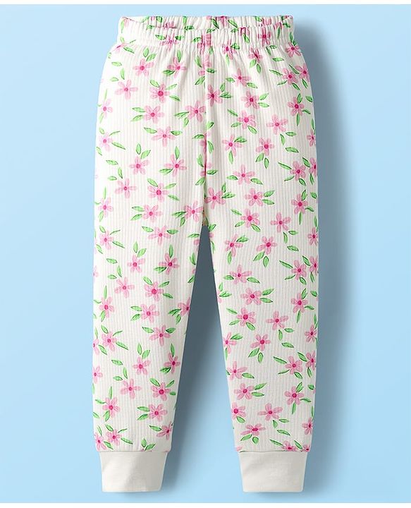 Babyhug Cotton Knit Full Sleeves Floral Printed Thermal Wear Set With Vest - Off White