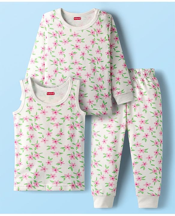 Babyhug Cotton Knit Full Sleeves Floral Printed Thermal Wear Set With Vest - Off White