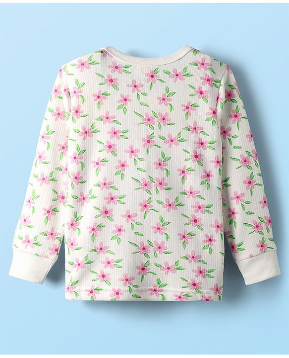 Babyhug Cotton Knit Full Sleeves Floral Printed Thermal Wear Set With Vest - Off White