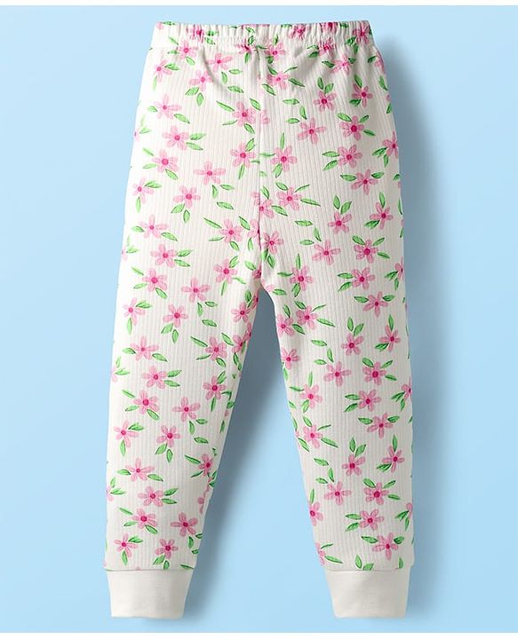Babyhug Cotton Knit Full Sleeves Floral Printed Thermal Wear Set With Vest - Off White