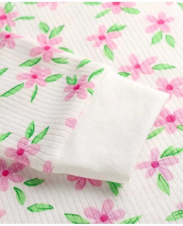 Babyhug Cotton Knit Full Sleeves Floral Printed Thermal Wear Set With Vest - Off White