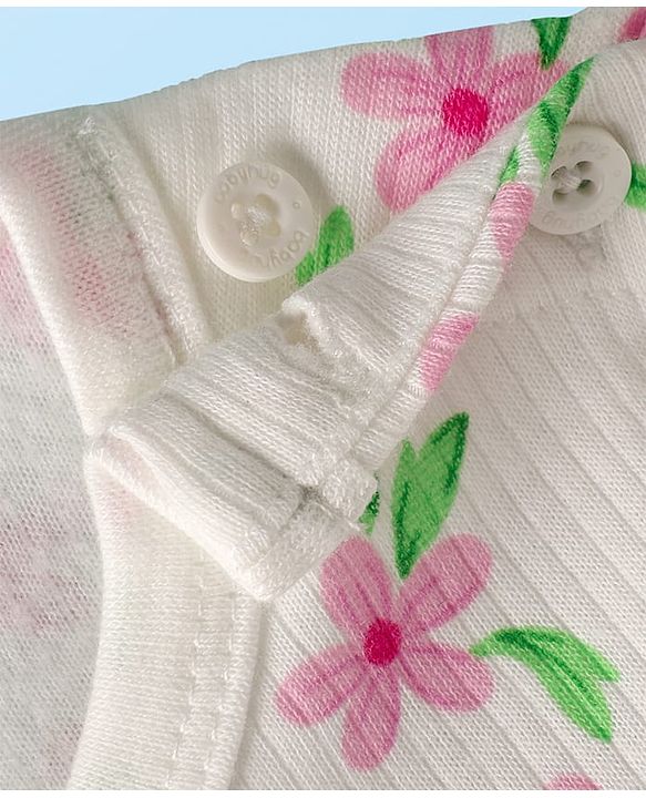Babyhug Cotton Knit Full Sleeves Floral Printed Thermal Wear Set With Vest - Off White
