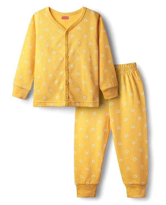 Babyhug Knit Full Sleeves Front Open Thermal Set With Star Print - Yellow