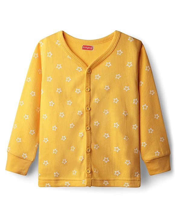 Babyhug Knit Full Sleeves Front Open Thermal Set With Star Print - Yellow
