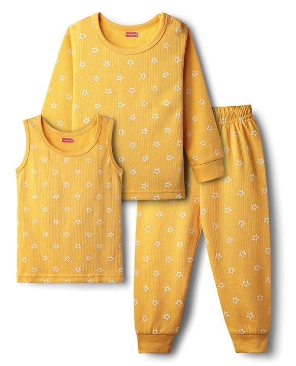 Babyhug Knit Full Sleeves Pullover Thermal Set With Star Print - Yellow