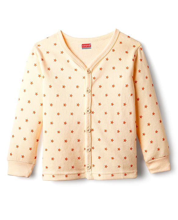 Babyhug Knit Full Sleeves Front Open Thermal Vest & Pant Set with Star Print - Peach