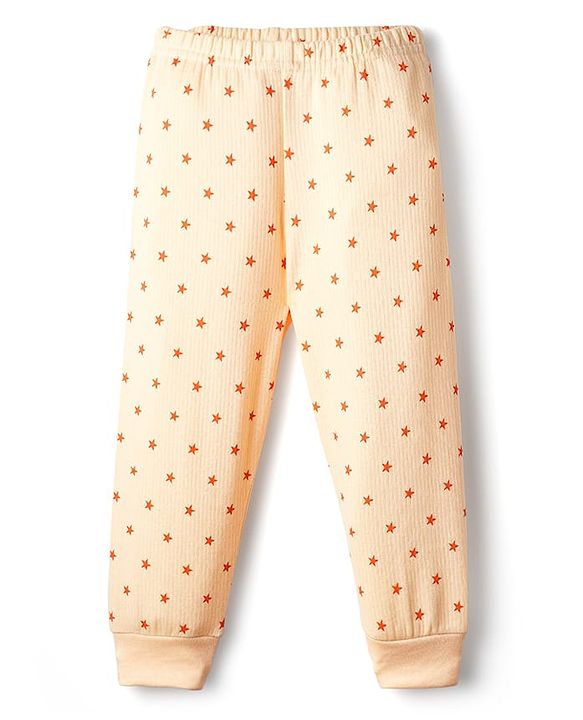 Babyhug Knit Full Sleeves Front Open Thermal Vest & Pant Set with Star Print - Peach