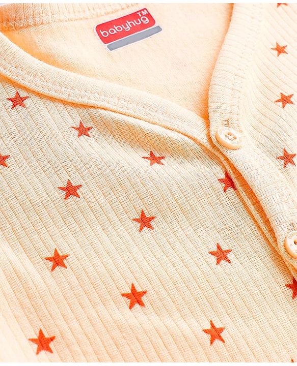 Babyhug Knit Full Sleeves Front Open Thermal Vest & Pant Set with Star Print - Peach