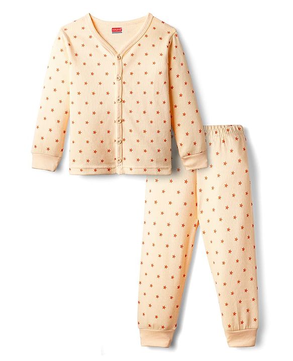 Babyhug Knit Full Sleeves Front Open Thermal Vest & Pant Set with Star Print - Peach