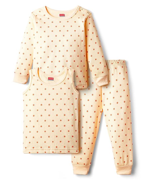 Babyhug Knit Full Sleeves Pullover & Sleeveless Thermal Vest & Pant Set with Star Print - Peach
