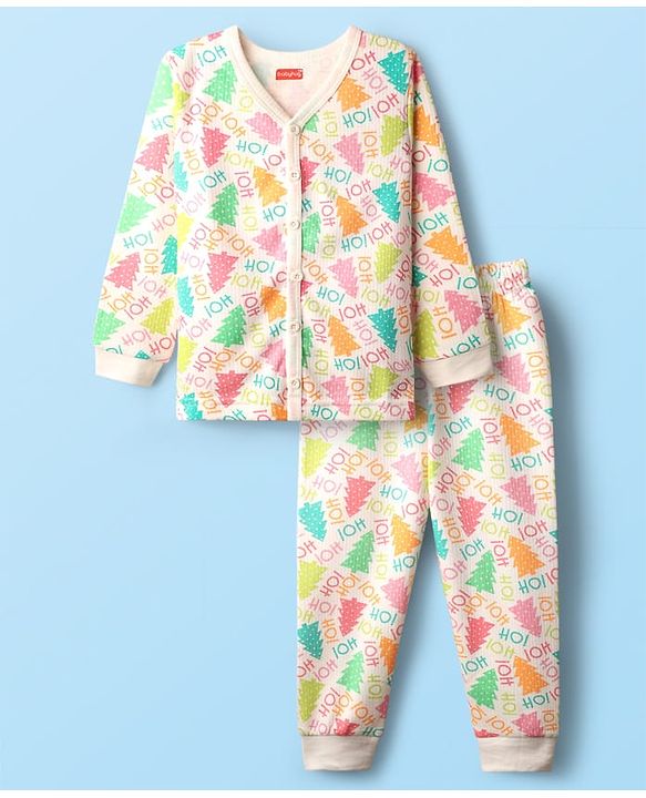 Babyhug Knit  Full Sleeves Front Open Thermal Vest And Pant Set With Text  Print - Off-White