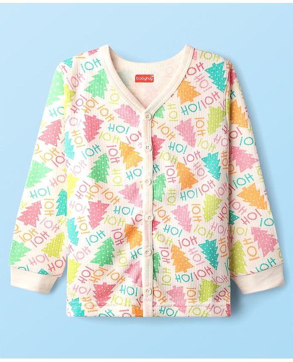 Babyhug Knit  Full Sleeves Front Open Thermal Vest And Pant Set With Text  Print - Off-White