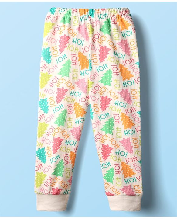 Babyhug Knit  Full Sleeves Front Open Thermal Vest And Pant Set With Text  Print - Off-White