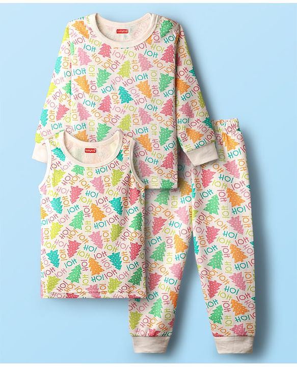 Babyhug  Knit Full Sleeves Thermal Vests & Pant Set with Text  Print - Off-White