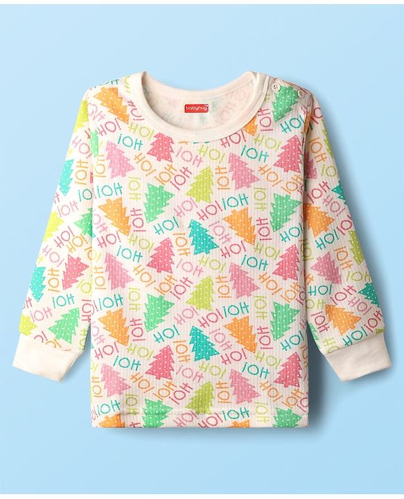 Babyhug  Knit Full Sleeves Thermal Vests & Pant Set with Text  Print - Off-White