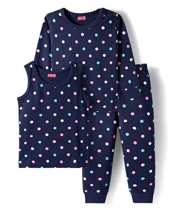 Babyhug Knit Full Sleeves Thermal Inner Wear Vests & Pant Set with Polka Dots Print - Navy Blue