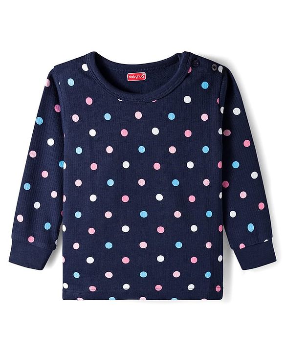 Babyhug Knit Full Sleeves Thermal Inner Wear Vests & Pant Set with Polka Dots Print - Navy Blue