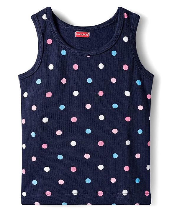 Babyhug Knit Full Sleeves Thermal Inner Wear Vests & Pant Set with Polka Dots Print - Navy Blue