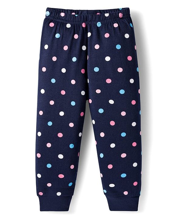 Babyhug Knit Full Sleeves Thermal Inner Wear Vests & Pant Set with Polka Dots Print - Navy Blue