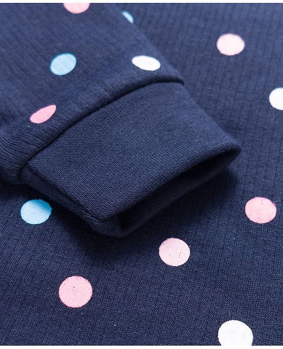 Babyhug Knit Full Sleeves Thermal Inner Wear Vests & Pant Set with Polka Dots Print - Navy Blue