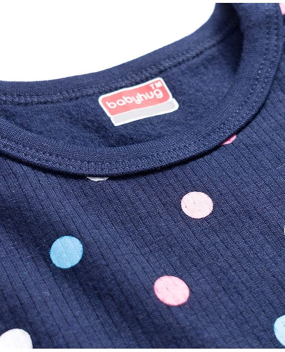 Babyhug Knit Full Sleeves Thermal Inner Wear Vests & Pant Set with Polka Dots Print - Navy Blue