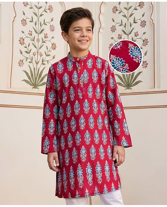 Pine Kids Cotton Woven Mandarin Collar Kurta With Floral Print - Maroon