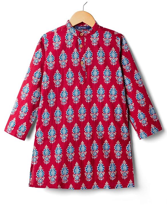 Pine Kids Cotton Woven Mandarin Collar Kurta With Floral Print - Maroon