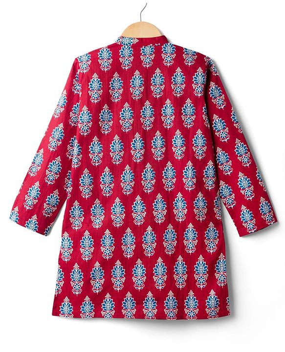 Pine Kids Cotton Woven Mandarin Collar Kurta With Floral Print - Maroon