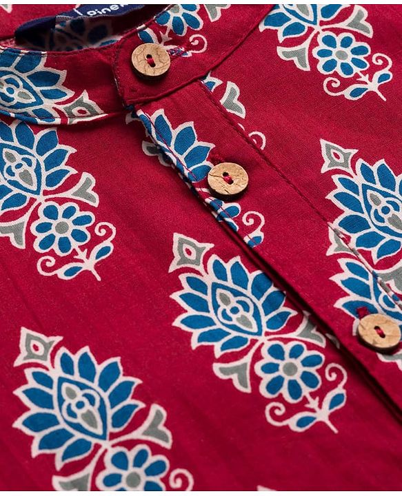 Pine Kids Cotton Woven Mandarin Collar Kurta With Floral Print - Maroon