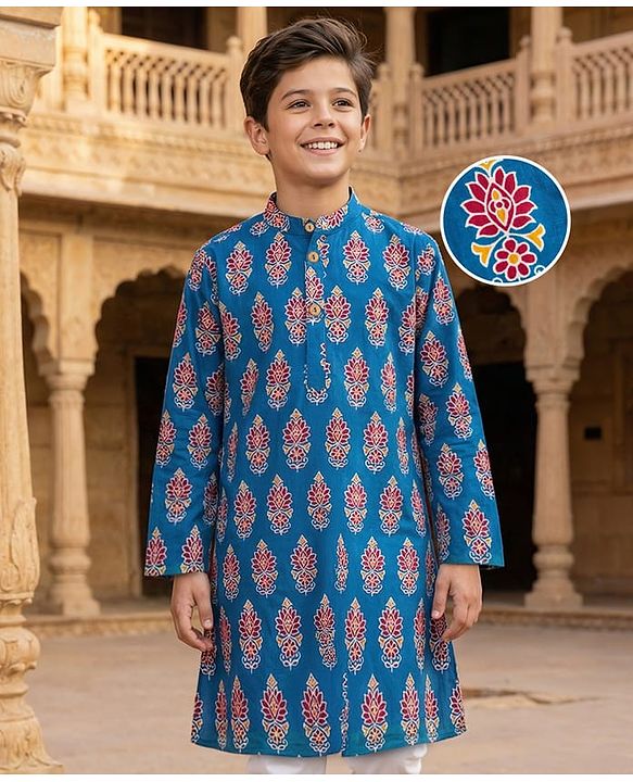 Pine Kids Cotton Woven Full Sleeves Kurta With Floral Print - Blue