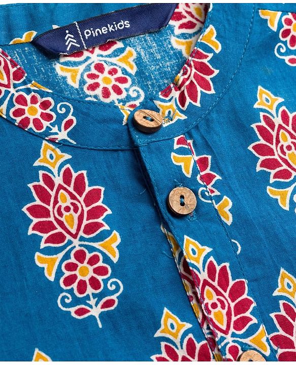 Pine Kids Cotton Woven Full Sleeves Kurta With Floral Print - Blue