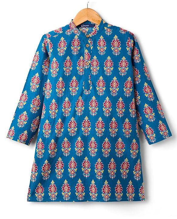 Pine Kids Cotton Woven Full Sleeves Kurta With Floral Print - Blue