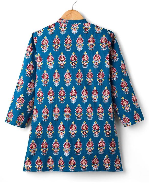 Pine Kids Cotton Woven Full Sleeves Kurta With Floral Print - Blue
