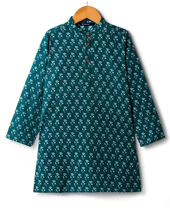 Pine Kids Cotton Woven Full Sleeves Kurta With Floral Print - Navy Blue