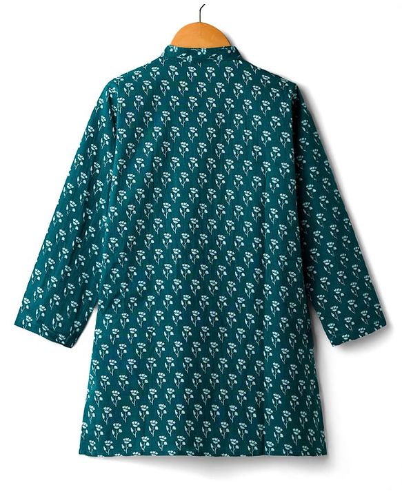 Pine Kids Cotton Woven Full Sleeves Kurta With Floral Print - Navy Blue