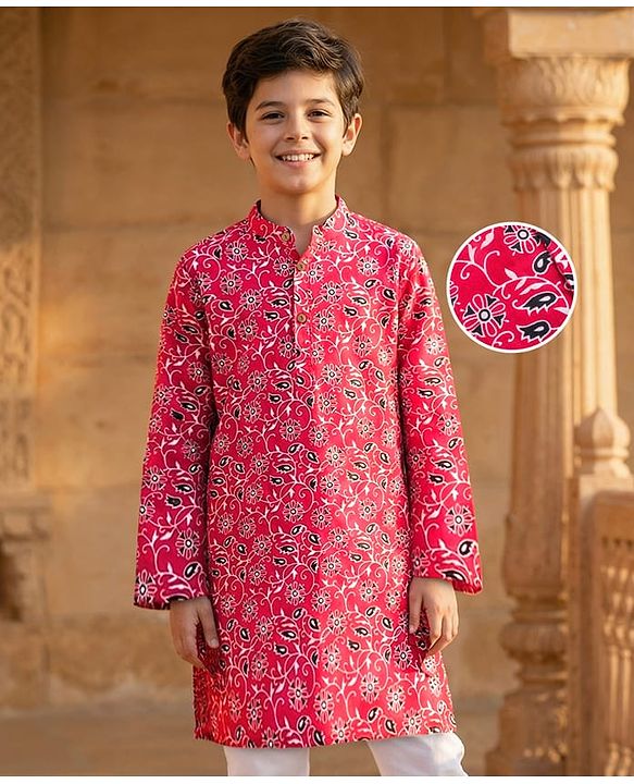 Pine Kids Cotton Woven Full Sleeves Kurta With Floral Print - Red