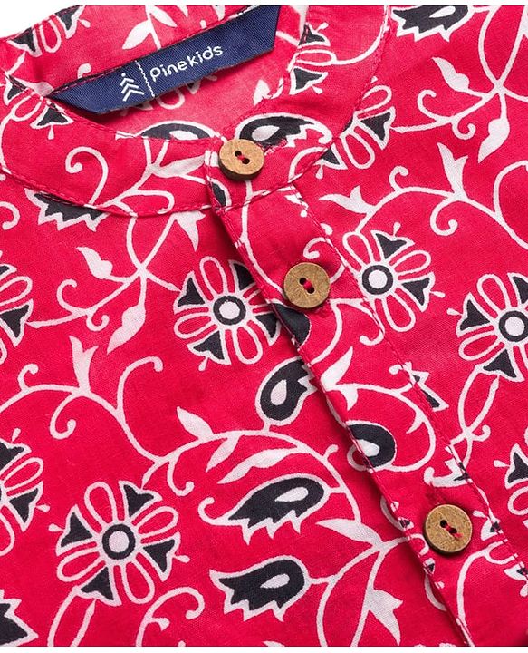 Pine Kids Cotton Woven Full Sleeves Kurta With Floral Print - Red