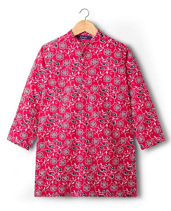 Pine Kids Cotton Woven Full Sleeves Kurta With Floral Print - Red