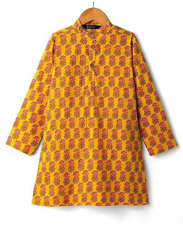 Pine Kids Cotton Woven Full Sleeves Kurta With Floral Print - Mustard