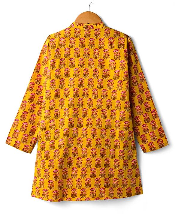Pine Kids Cotton Woven Full Sleeves Kurta With Floral Print - Mustard