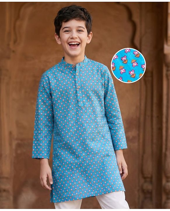 Pine Kids Cotton Woven Full Sleeves Kurta with Floral Print - Light Blue