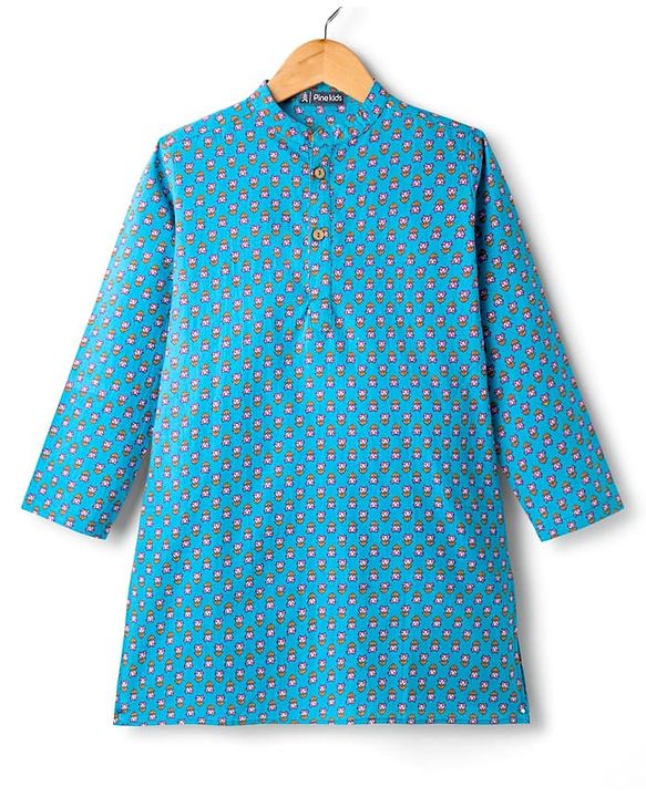 Pine Kids Cotton Woven Full Sleeves Kurta with Floral Print - Light Blue
