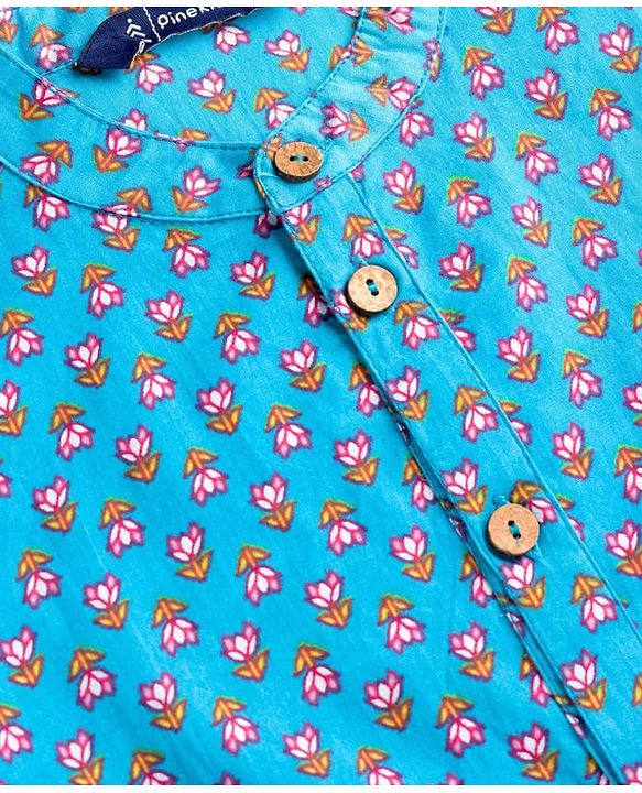 Pine Kids Cotton Woven Full Sleeves Kurta with Floral Print - Light Blue