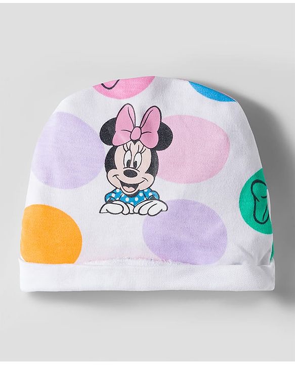 Babyhug Disney Interlock Knit Cap Mittens & Booties With Minnie Mouse Graphics White - Diameter 10 cm