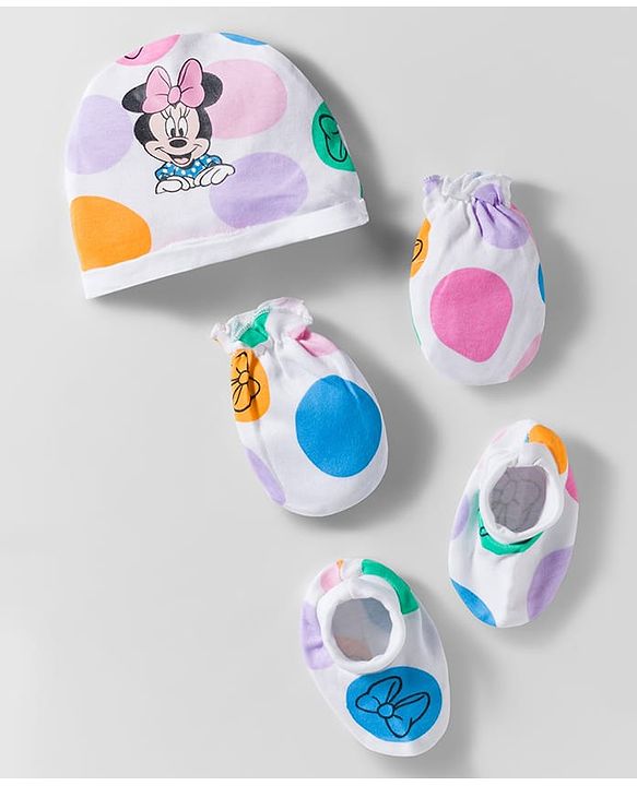 Babyhug Disney Interlock Knit Cap Mittens & Booties With Minnie Mouse Graphics White - Diameter 10 cm