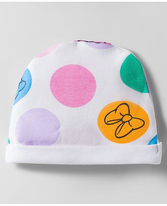 Babyhug Disney Interlock Knit Cap Mittens & Booties With Minnie Mouse Graphics White - Diameter 10 cm