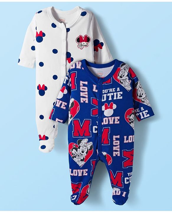 Babyhug Disney Interlock Knit Full Sleeves Sleepsuit With Minnie Mouse Graphics Pack Of 2 - Navy Blue & White