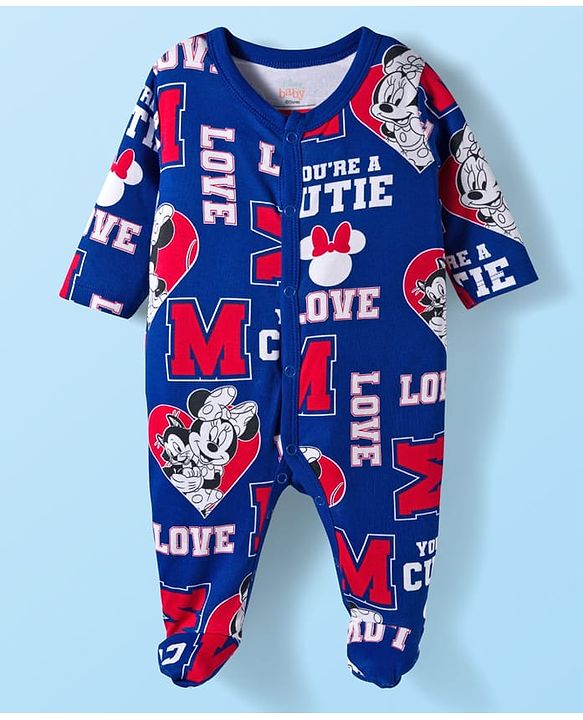 Babyhug Disney Interlock Knit Full Sleeves Sleepsuit With Minnie Mouse Graphics Pack Of 2 - Navy Blue & White
