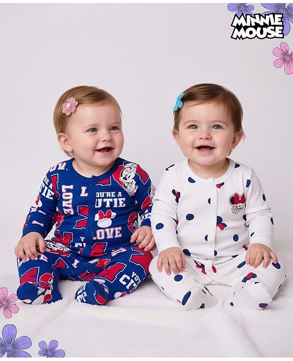 Babyhug Disney Interlock Knit Full Sleeves Sleepsuit With Minnie Mouse Graphics Pack Of 2 - Navy Blue & White