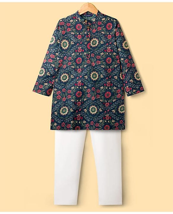 Pine Kids Cotton Woven Full Sleeves Kurta Pajama Set with Floral Print - Navy Blue